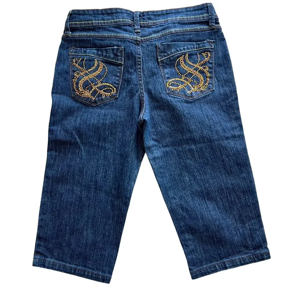 Southpole Denim Bermuda Shorts Sz 9 Dark Wash Y2K Bedazzled Pocket Stretch Jorts